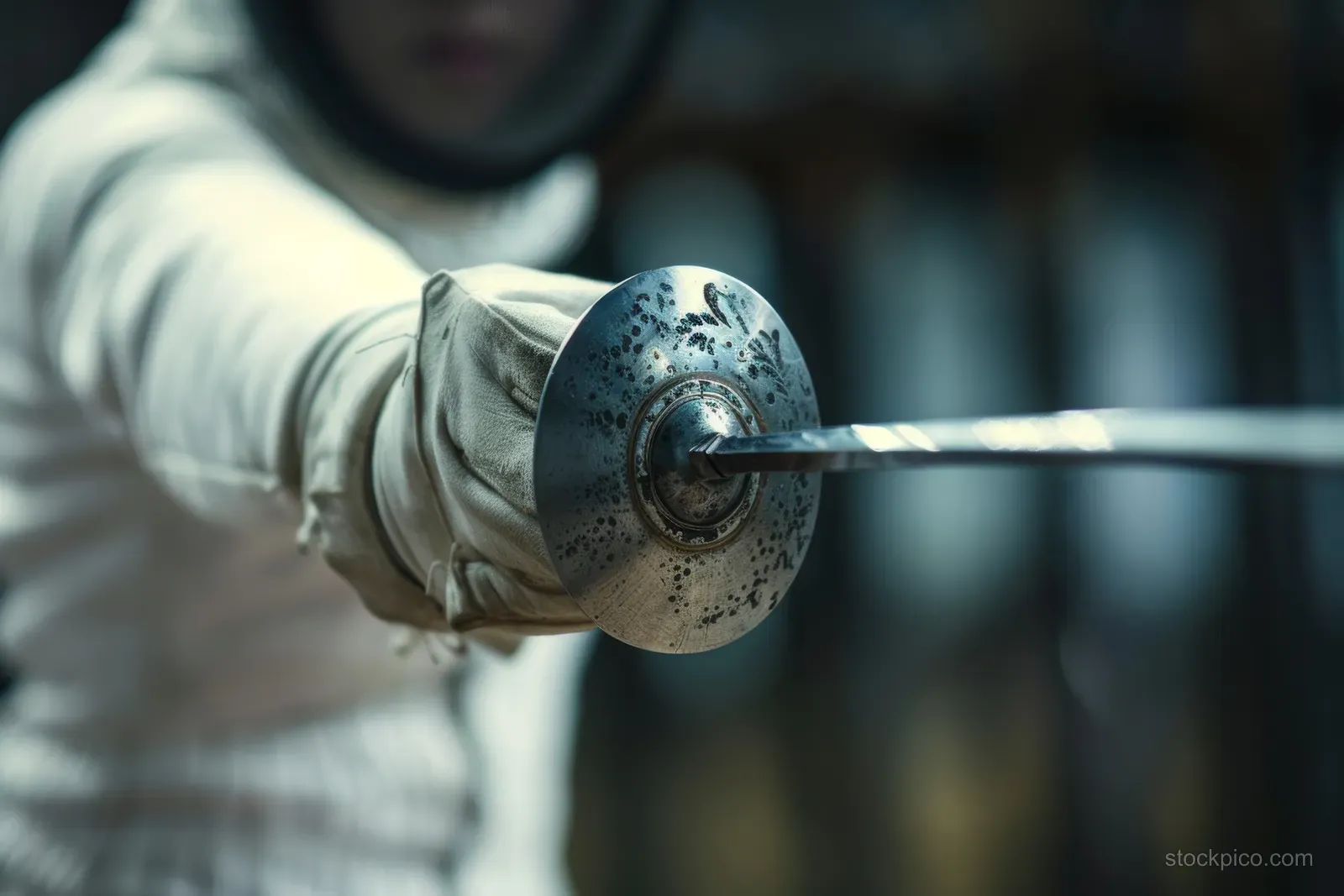 A female fencer extends her epee forward in a focused fencing bout, with a blurred background.