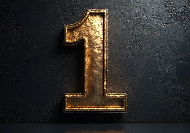 Art Deco golden number one icon with chiaroscuro lighting on dark textured background