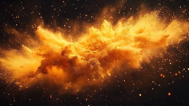 Orange powder explodes into a smoky dust cloud with glowing particles against a dark background.