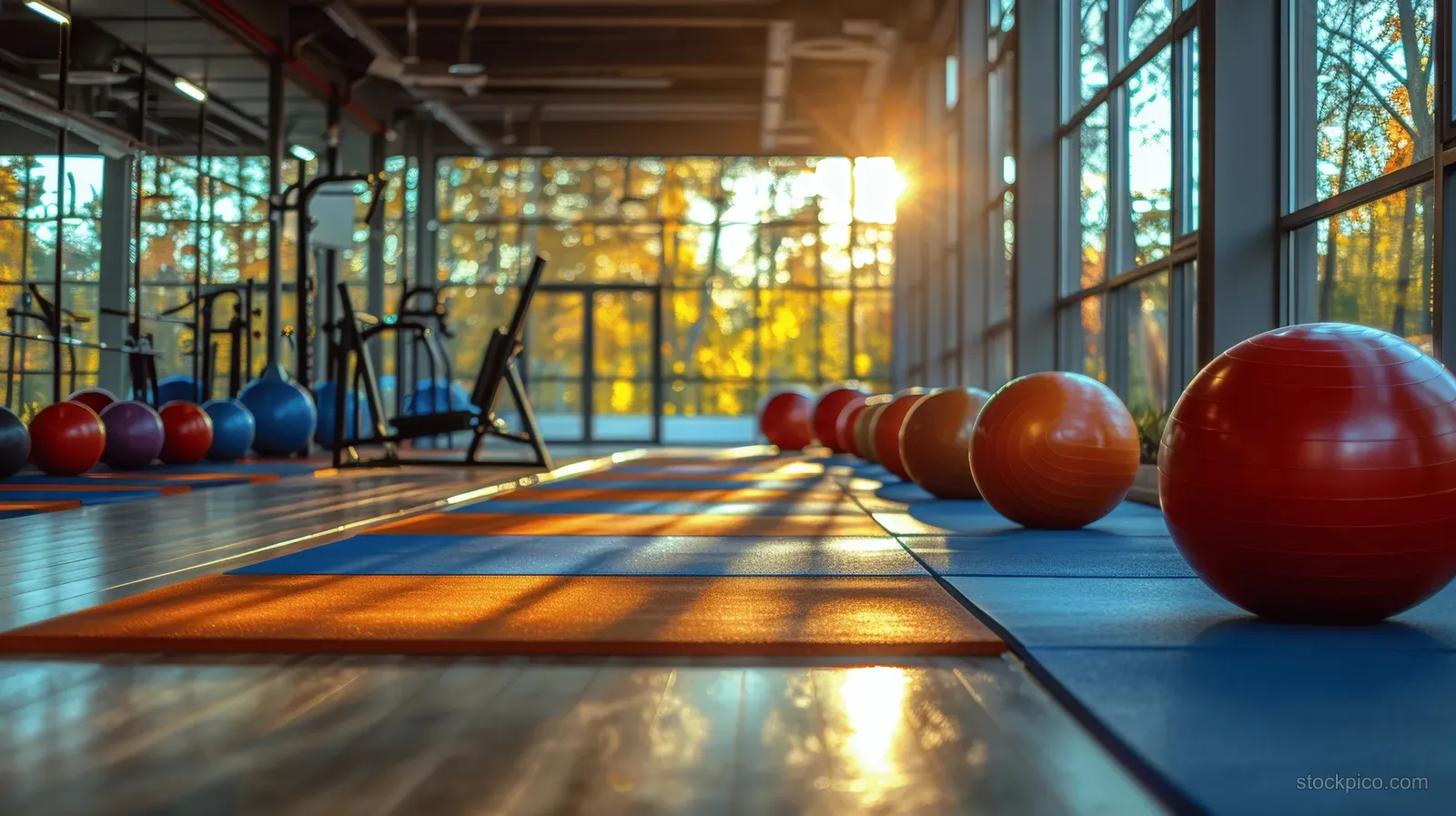 Modern gym workout space with weight equipment and mirrored wall glowing in morning sunlight.