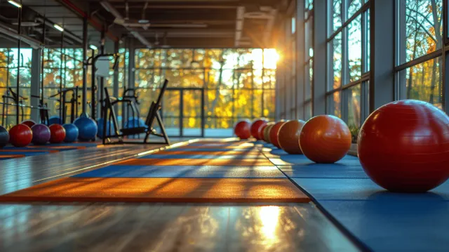 Modern gym workout space with weight equipment and mirrored wall glowing in morning sunlight.