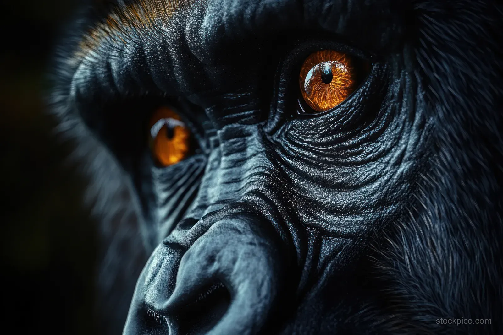 Close-up gorilla face with wrinkled textured skin and bright amber eyes staring in dark lighting.