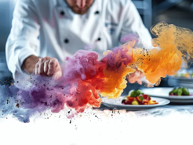 Chef plating fine dining dish in restaurant kitchen with vibrant ink-like color smoke