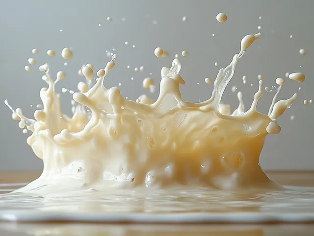 Milk splashing in slow-motion waves with glowing droplets against a neutral background