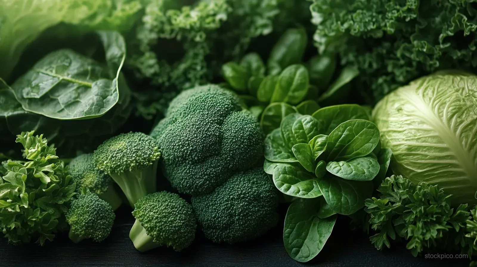Close-up of fresh green broccoli, lettuce, and herbs arranged on a dark background.