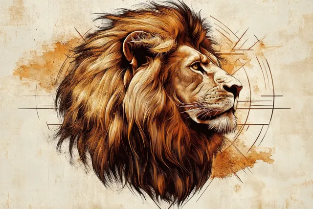 A right-facing lion head portrait with flowing mane over a beige background with orange splashes and geometric lines.