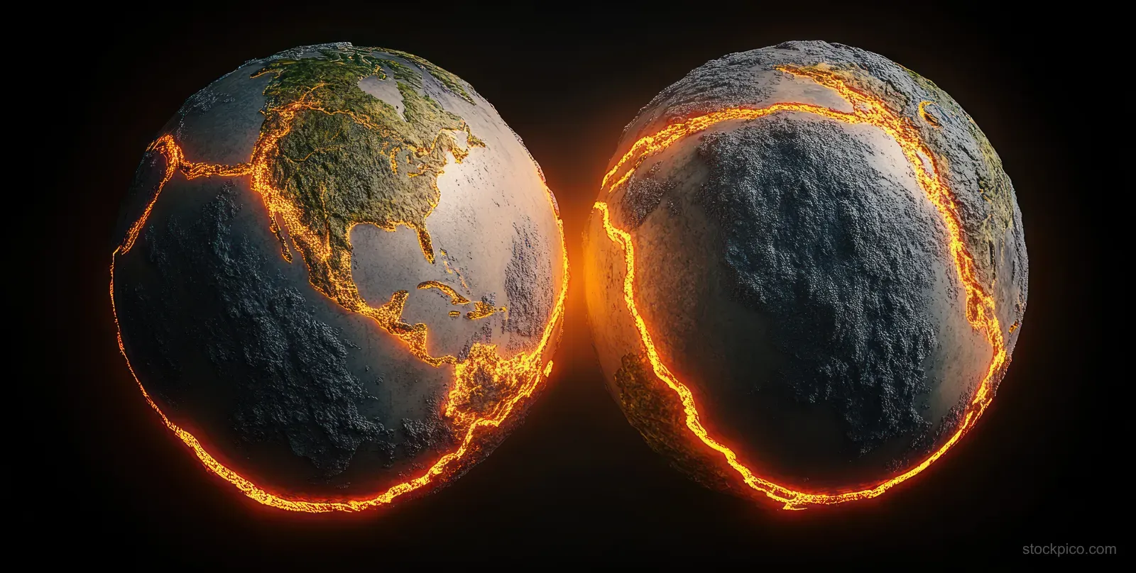 Two glowing Earth globes with visible tectonic plate boundaries and molten lava fissures on a dark background.