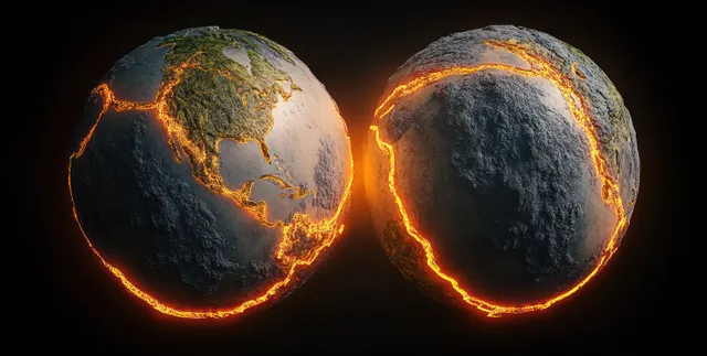 Two glowing Earth globes with visible tectonic plate boundaries and molten lava fissures on a dark background.