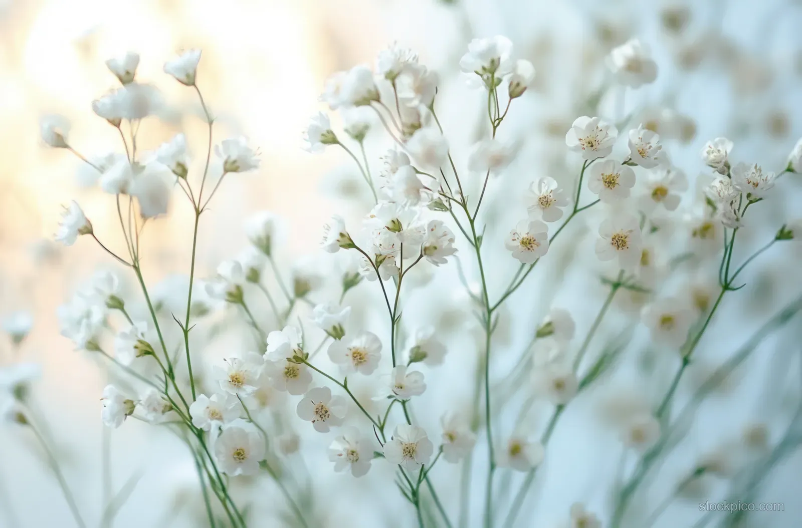 Small white wildflowers with thin green stems sway in soft daylight with a blurred pale background.