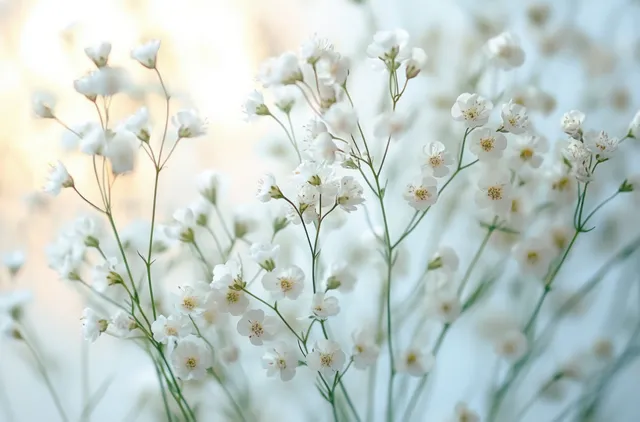 Close-up of small white wildflowers with thin green stems softly lit by daylight