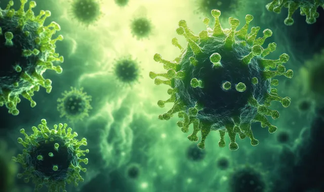 Green virus particles with textured surfaces glow softly in a dark microscopic background.