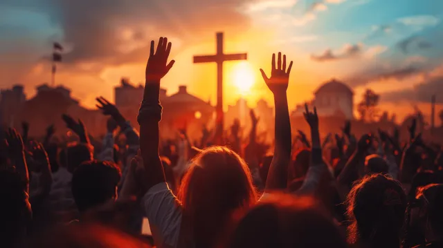 Worshippers raise hands before a glowing cross during sunset outdoor religious gathering
