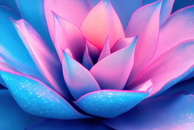 Close-up succulent rosette with glowing blue and pink petals and a soft neon blurred background.