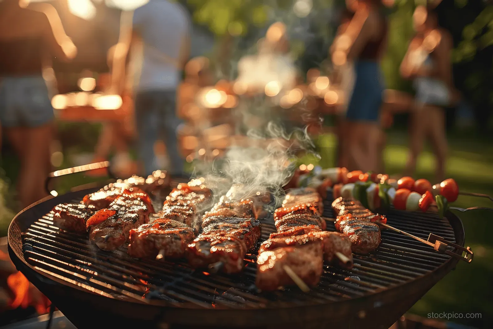 Charcoal grill sizzles with meat skewers and vegetables during an outdoor backyard gathering.
