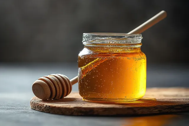 A glass jar of golden honey with a wooden honey dipper resting on a rustic wooden board under warm light.