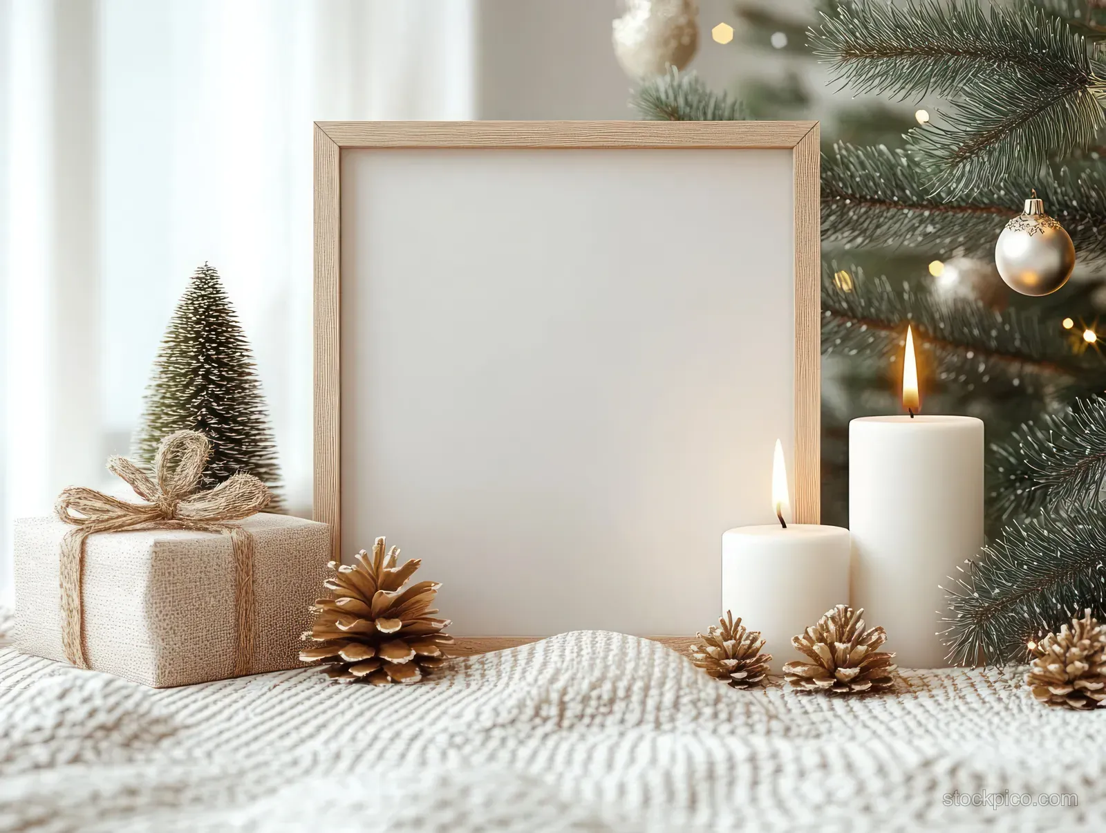 Wooden frame centered behind glowing white candles with pine cones and ornaments beside a decorated tree edge.