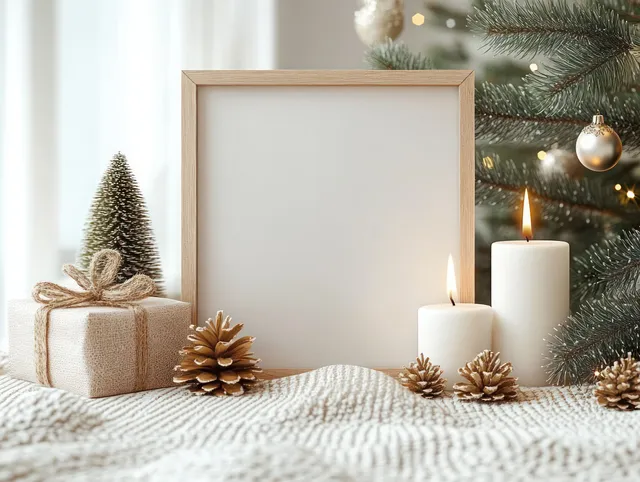 Wooden frame centered behind glowing white candles with pine cones and ornaments beside a decorated tree edge.