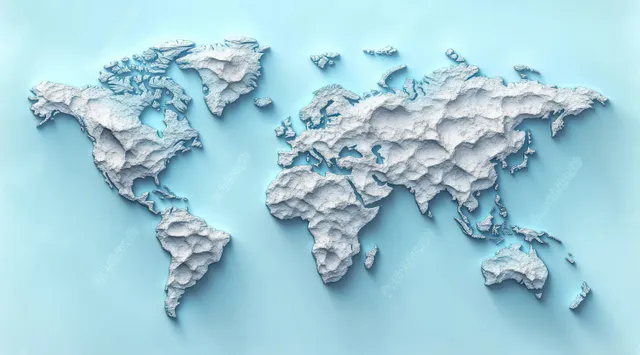 Silver 3D relief world map with visible continent textures on a soft blue background.
