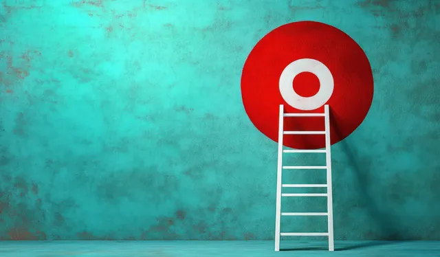 White ladder stands beneath a red bullseye target on turquoise textured backdrop
