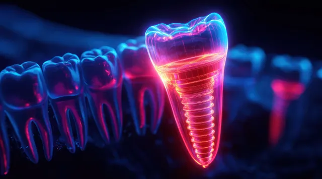 Glowing dental implant centered in a jaw model with nearby teeth under blue and red futuristic lighting.