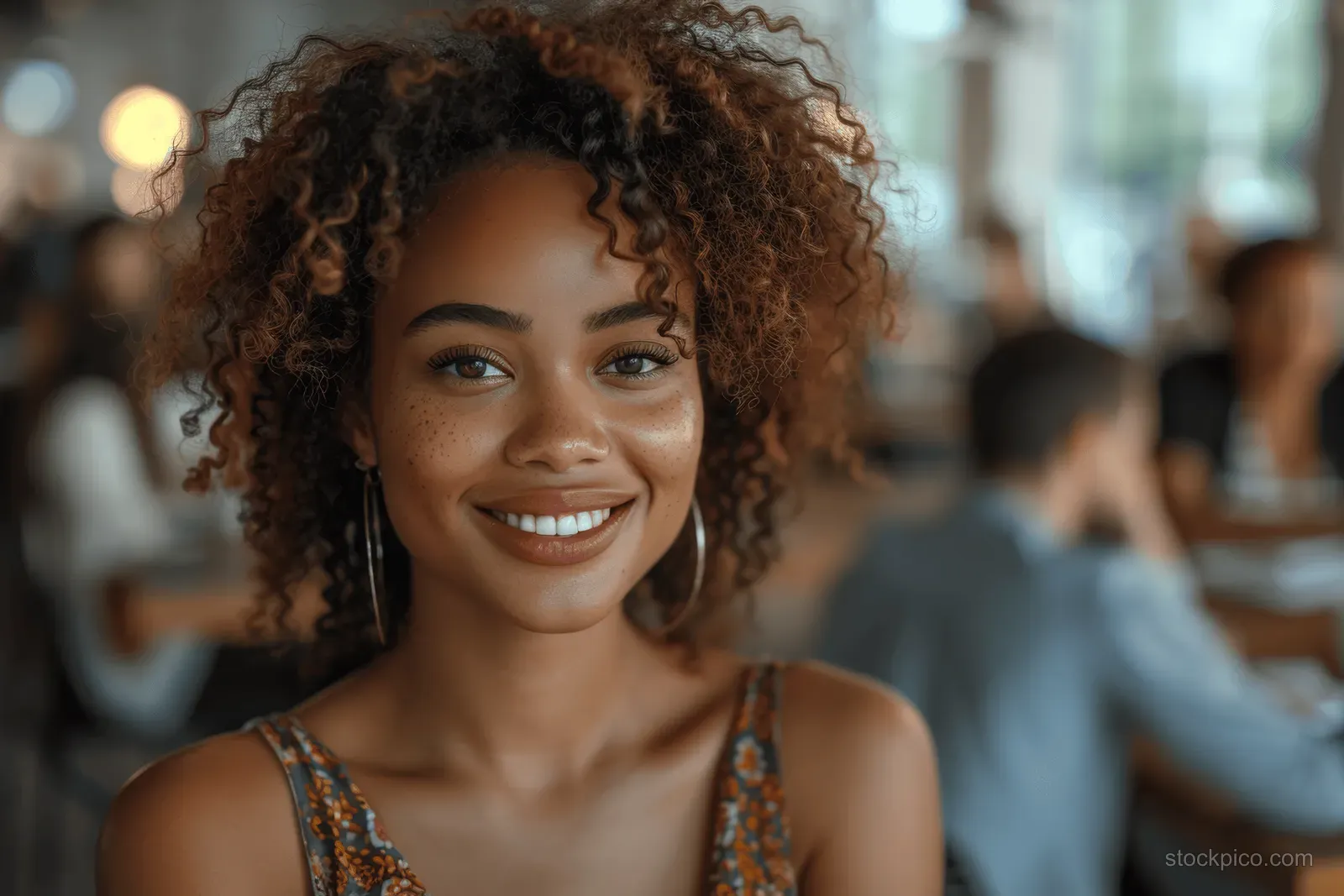 A smiling young woman with curly hair and freckles stands indoors with warm light and a blurred crowd in the background.