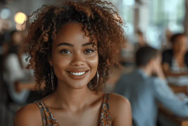 A smiling young woman with curly hair and freckles stands indoors with warm light and a blurred crowd in the background.