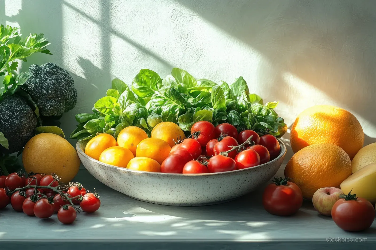 A bowl of colorful salad sits on a countertop with fruits, dumbbell, and a measuring tape nearby.