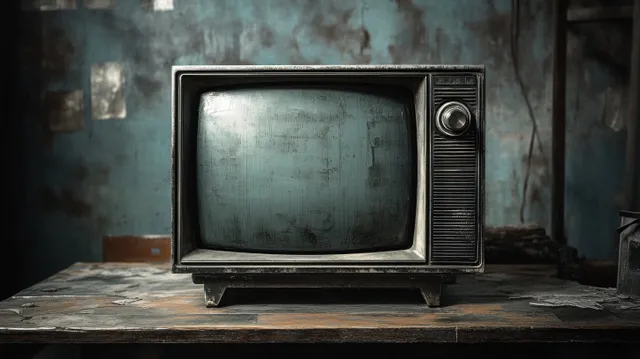 A vintage television with a scratched glass screen sits on a worn wooden table in a dim abandoned room.