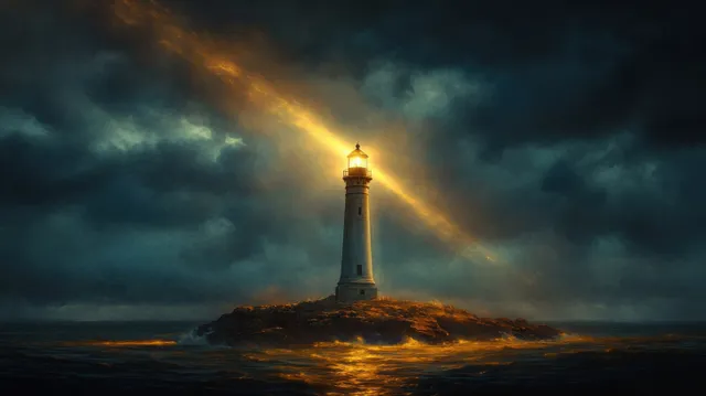 A solitary lighthouse on a rocky island shines a bright beam through dark storm clouds over turbulent ocean water.
