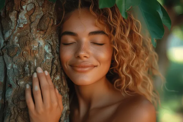 A woman hugs a tree trunk in a sunlit forest, her hand resting on rough bark.
