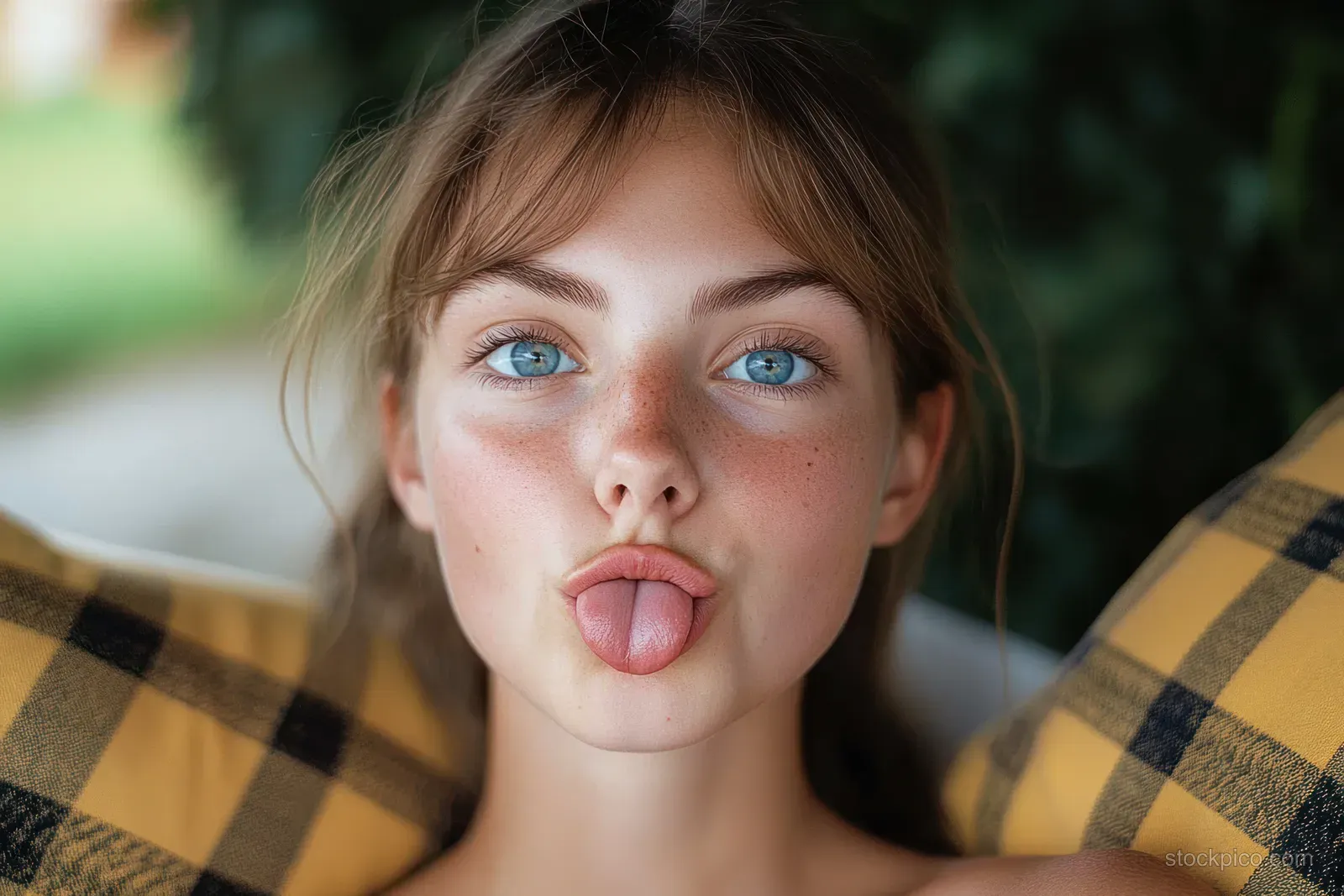 Young woman with blue eyes and freckles sticks out her tongue between yellow and black plaid cushions.