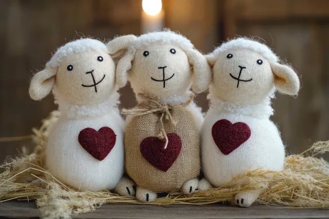 Three plush sheep with red heart patches sit on hay straw under warm indoor lighting.