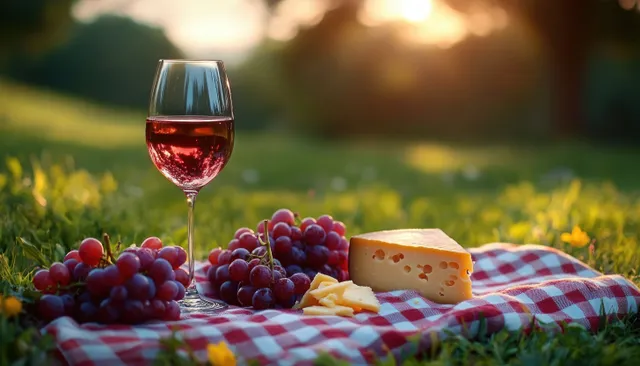 Red wine glass with red grapes and sliced cheese on a red-and-white checkered blanket in golden-hour grass.