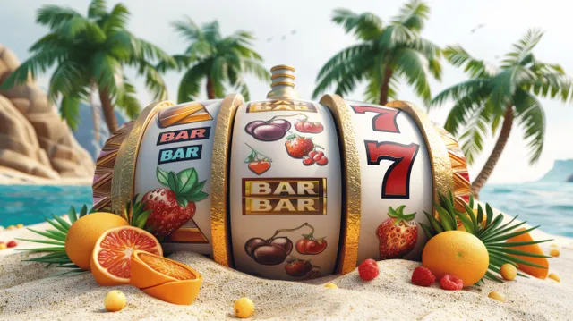 3D beach slot machine on sand with palm trees, fruit pieces, and glowing lucky 7 symbols.