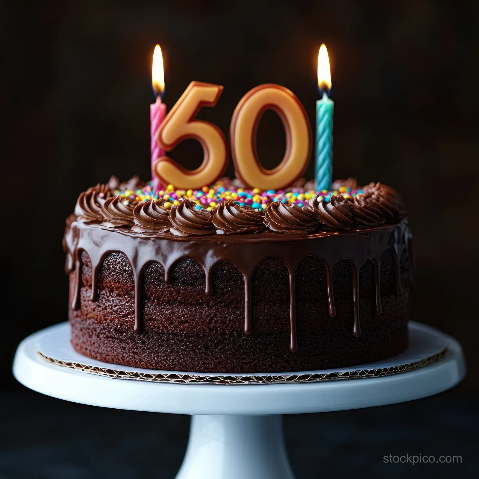 Chocolate birthday cake on a white stand with dripping frosting and lit candles spelling 50.