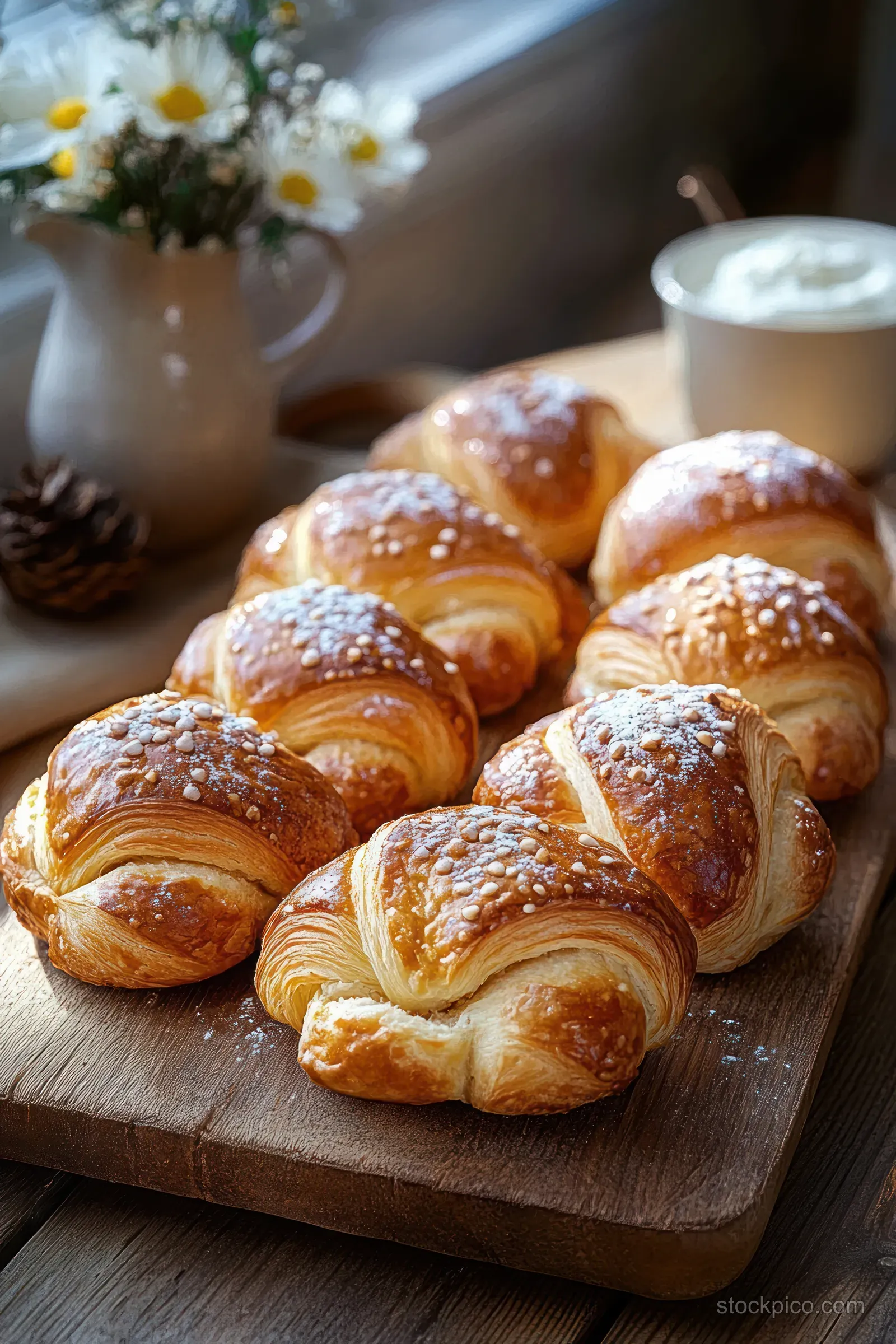 Golden brioche Easter rolls dusted with powdered sugar rest on a rustic wooden board next to a small flower vase.