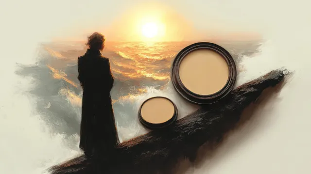 Silhouette of a cliffside figure watching a glowing sunset over turbulent ocean