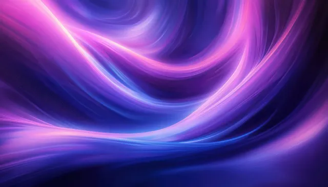 Purple and blue glowing fluid wave ribbons form layered curves across an abstract neon light background.