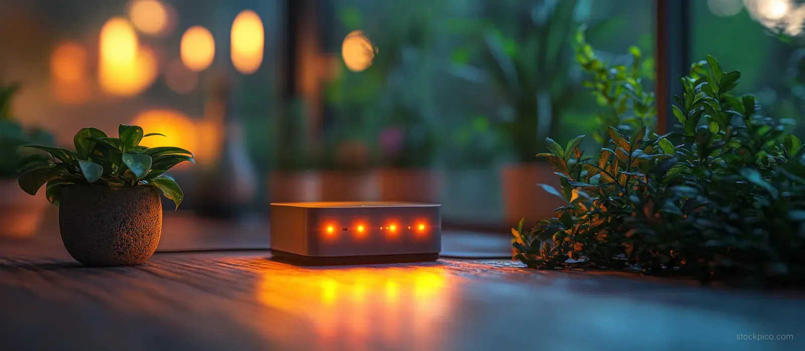 Glowing smart Wi‑Fi router on a table in a cozy living room with potted plants and warm bokeh lights.