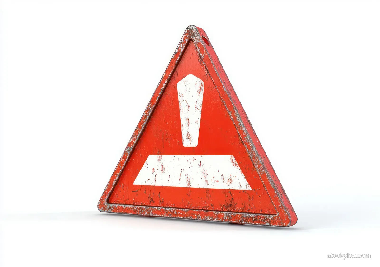 A worn red triangular warning sign with a white exclamation mark isolated on a white background.