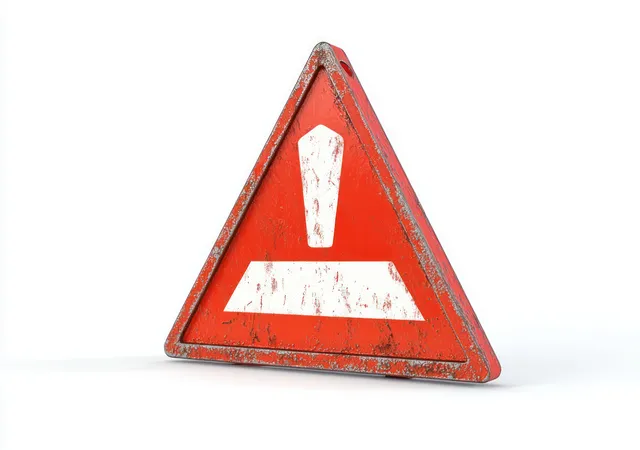 Worn red triangular warning sign with white exclamation mark on clean white background