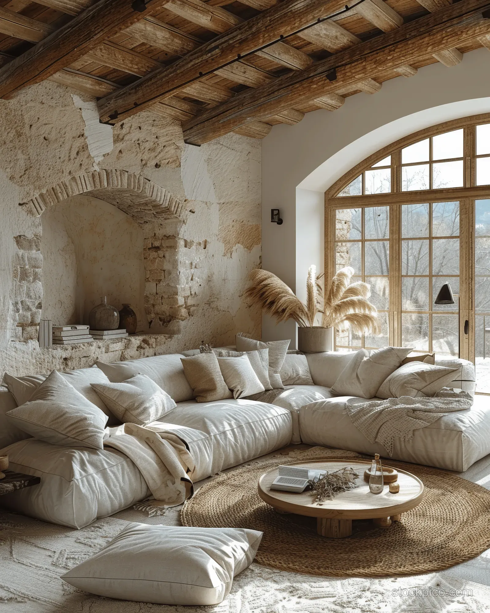 Sunlit minimalist living room with beige sofa, round coffee table, pampas grass, and large arched windows under wooden ceiling beams.