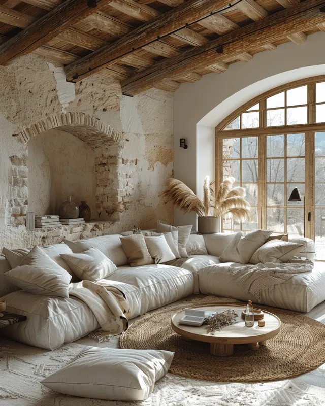 Sunlit minimalist living room with beige sofa, round coffee table, pampas grass, and large arched windows under wooden ceiling beams.