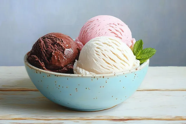 Three scoops of chocolate, strawberry, and vanilla ice cream in a blue speckled bowl topped with a mint leaf on wood.