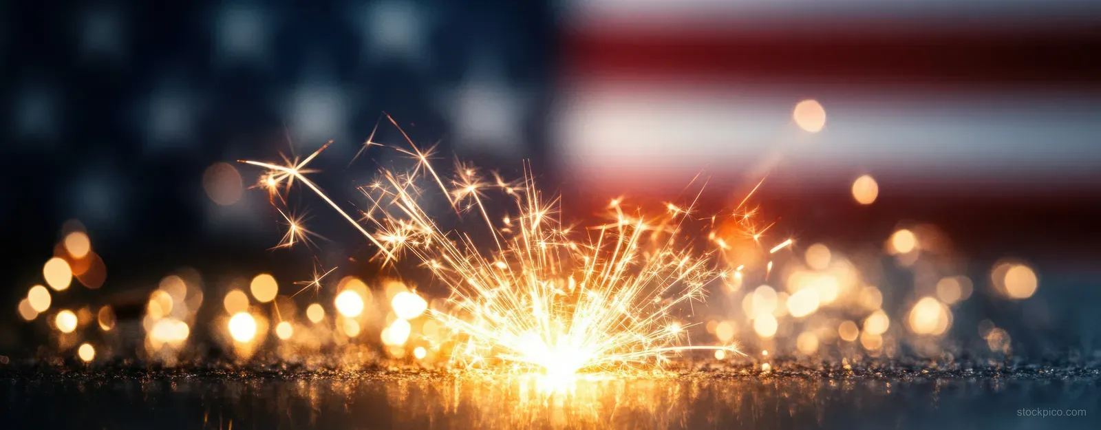 Fireworks sparks glow in front of a softly blurred American flag at night.