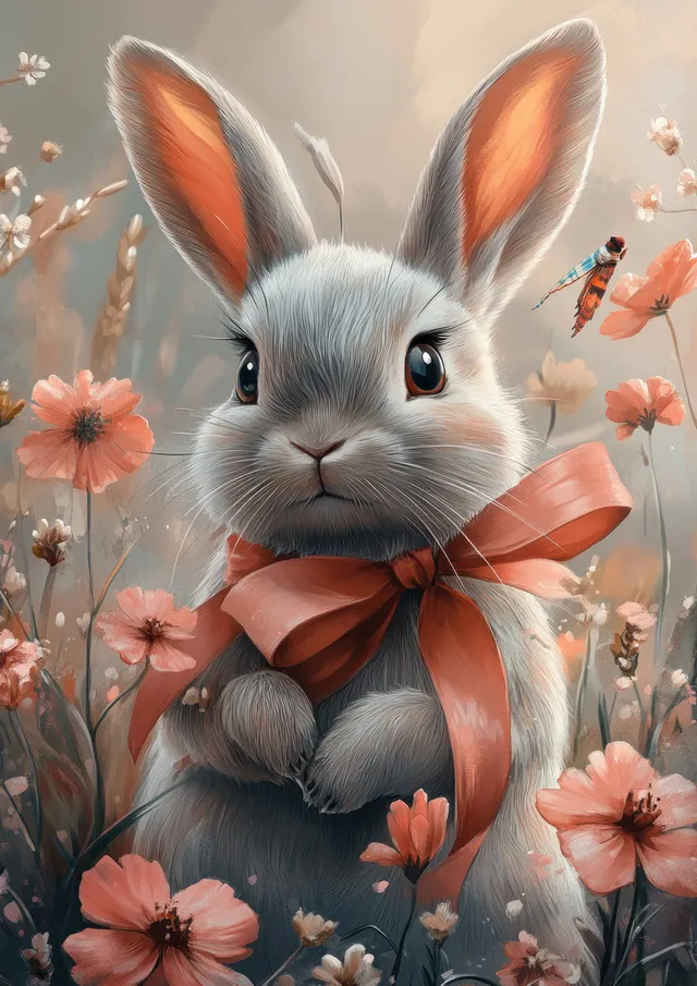 Hand-painted watercolor bunny holding a tiny umbrella among pink flowers and blush petals