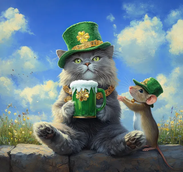 A fluffy gray cat in a green hat shares a frothy green drink with a small mouse in a matching hat among wildflowers.