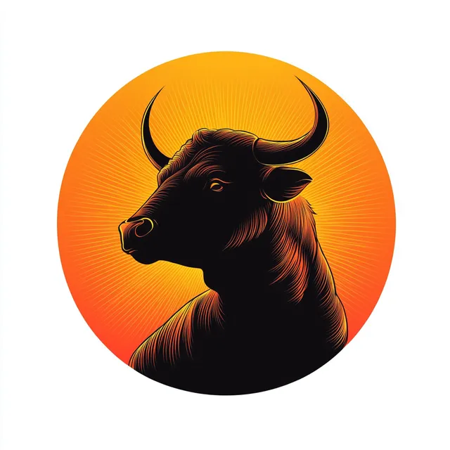 Black bull head illustration with curved horns inside orange glowing circular emblem