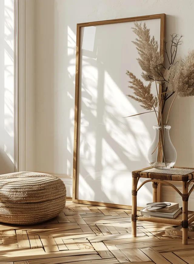Wooden picture frame mockup in a bright Scandinavian boho room with wicker table, beige parquet, and sunlit shadows.