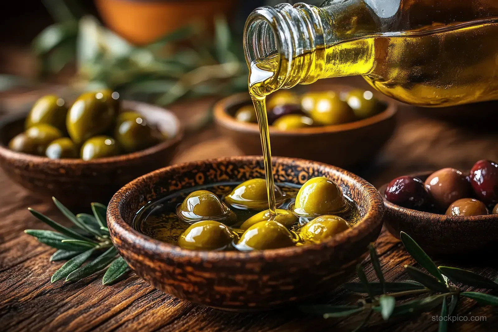 Golden olive oil pours into a rustic bowl of green olives on a wooden table with olive branches and extra bowls behind.